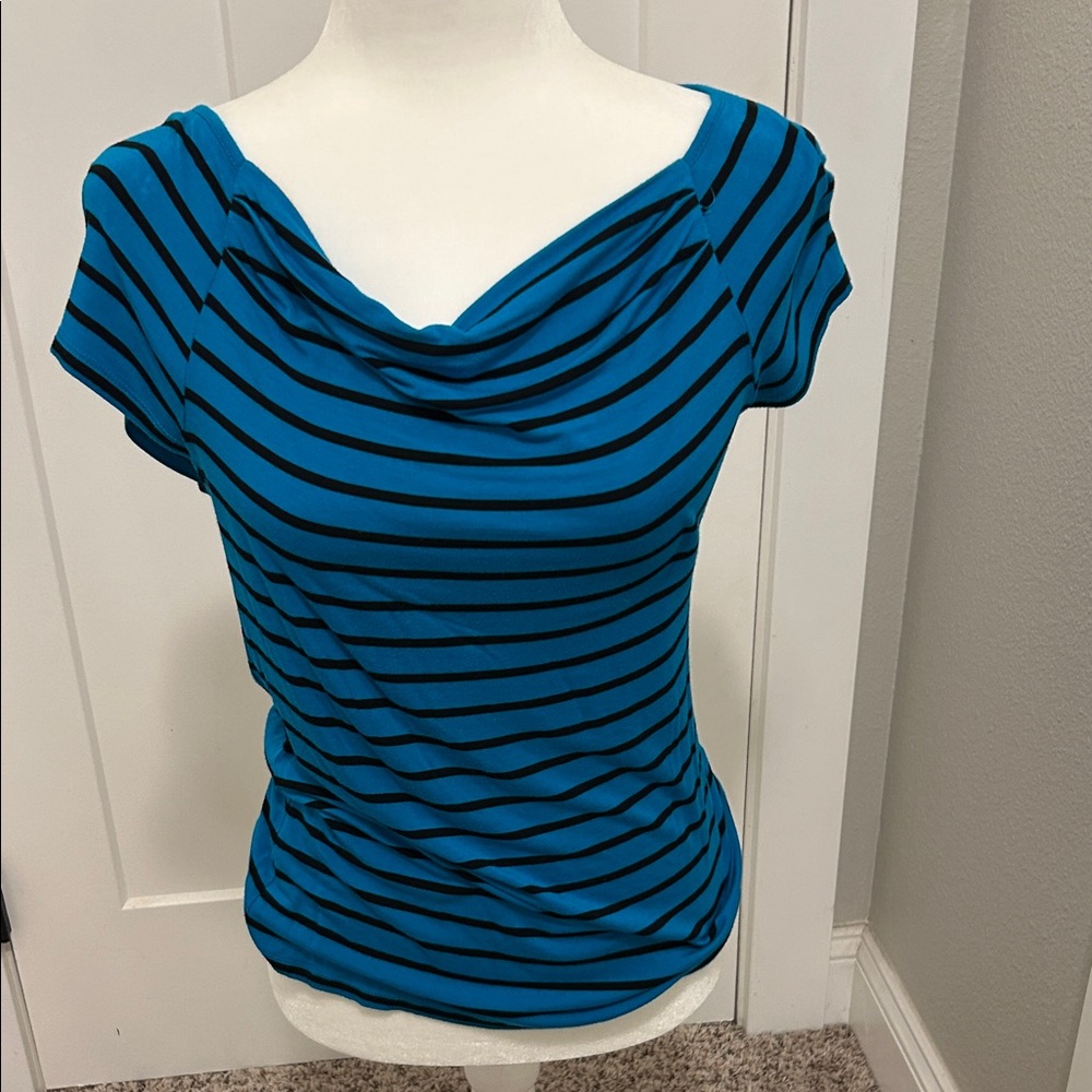 Cable & Gauge Teal and Black Striped Short Sleeve Top